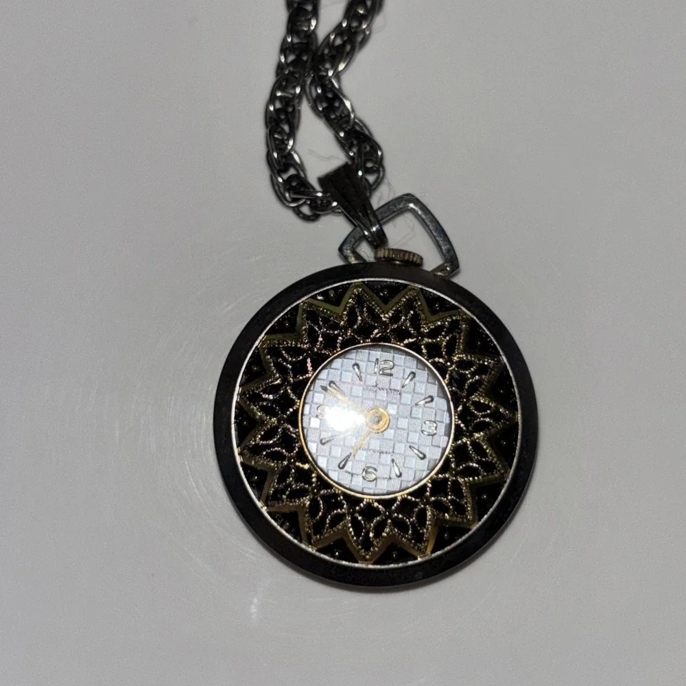 Vintage Alaron Pendant Watch Necklace Silver Tone Filigree Floral Sunburst Dial